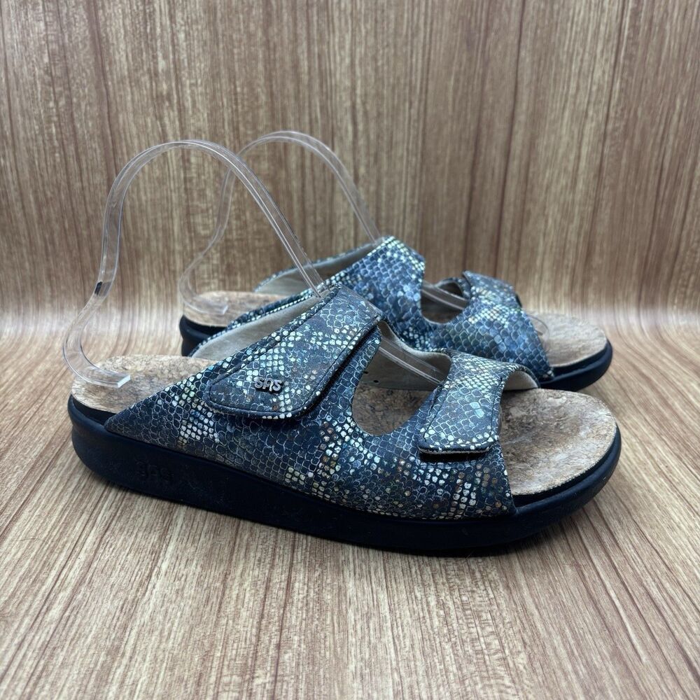 SAS Cozy Slide Sandal Leather Multisnake Navy Tri‎ Pad Comfort Adjust Size 9 M